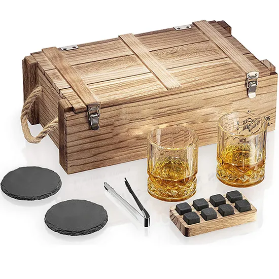 Retro 10oz Whiskey Glasses and 6 Granite Whisky Rocks Chilling Stones with Wooden Army Crate for Wine Liquor Cocktail Whiskey Gift Set 