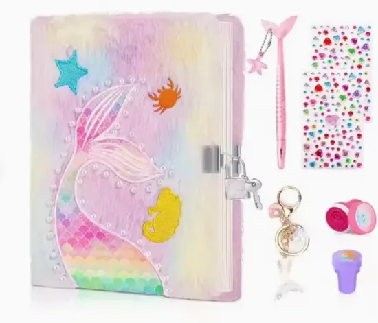 Plush Mermaid Notebook Set with Lock for Kids Gel Pen Bracelets Gift 